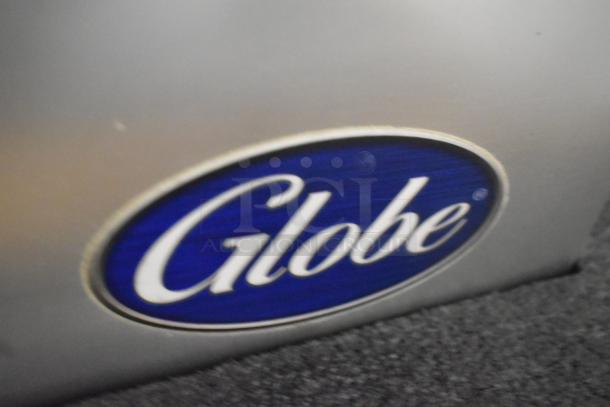 Brand new Globe S13A stainless steel meat slicer, 13" blade, heavy-duty, with sharpener; logo shown. 110V, 1 phase.