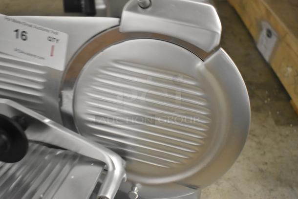 Brand new Globe C10 stainless steel meat slicer, 13" blade, countertop model. Includes blade sharpener, 110 volts, 1 phase.