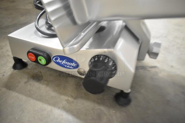 BRAND NEW Globe C10 Stainless Steel Manual Meat Slicer with blade sharpener, 110V, Chefmate label visible.