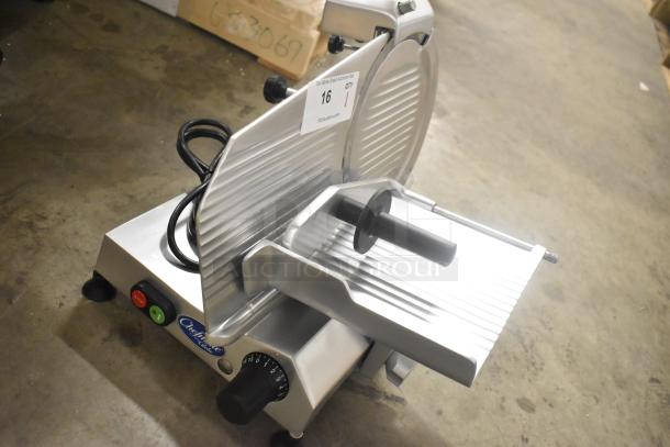 Brand new Globe C10 stainless steel commercial 13" meat slicer with blade sharpener, 110V, 1 phase, on a countertop.