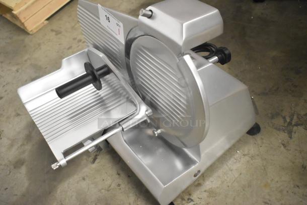 Brand new Globe C10 stainless steel meat slicer, 13" blade, includes sharpener, 110V, 1 phase, commercial countertop model.