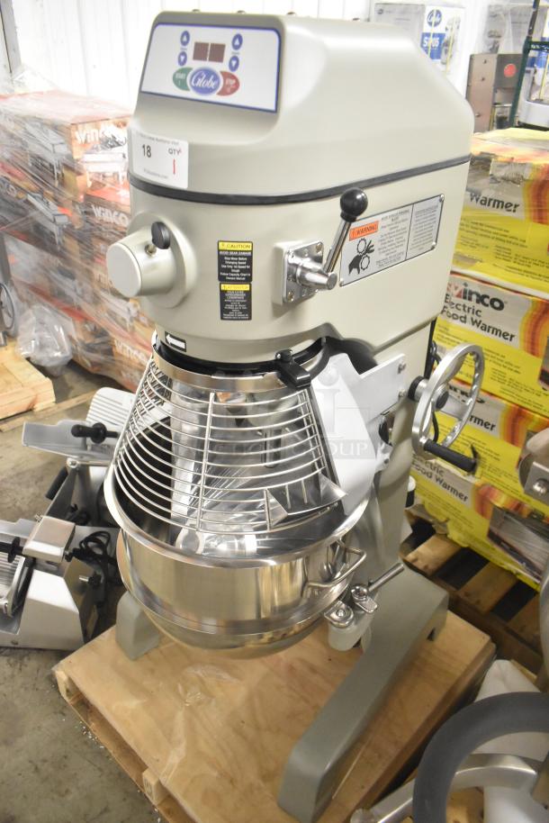 Brand new 2023 Globe SPC40 40-quart planetary dough mixer with bowl, guard, whisk, and pastry attachments, 208V, 3-phase.