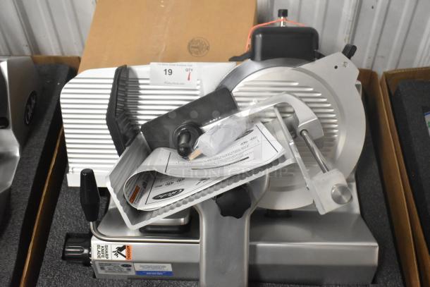 Brand new Globe SG13-84 stainless steel meat slicer with 13" blade, manual operation, blade sharpener, 110V, 1 phase.