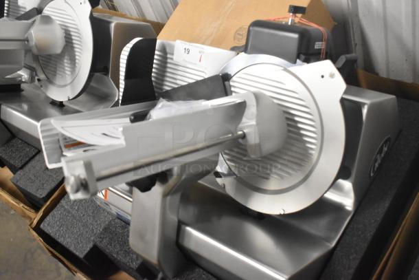 Globe SG13-84 stainless steel meat slicer, brand new, 13" blade with sharpener, heavy-duty, commercial countertop model.