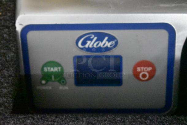 Brand new 2021 Globe SG13-84 stainless steel manual meat slicer with blade sharpener. Features start/stop buttons.