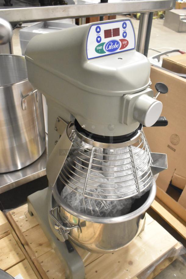 Brand new 2023 Globe SP20 20-quart planetary dough mixer with bowl guard, 110V, 1 phase. Stainless steel finish.
