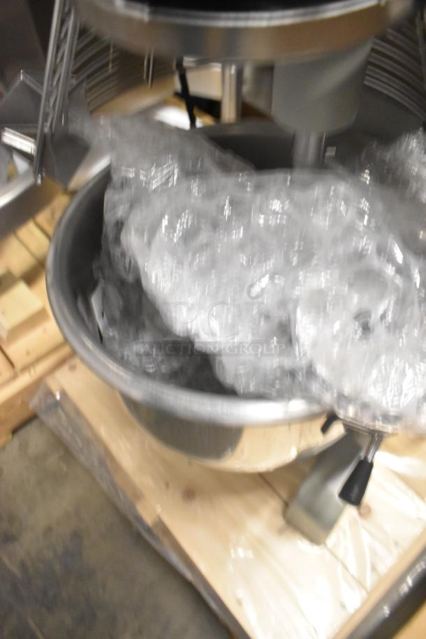 Brand new 2023 Globe SP20 metal commercial 20-quart planetary dough mixer with bowl guard, 110 volts, 1 phase.