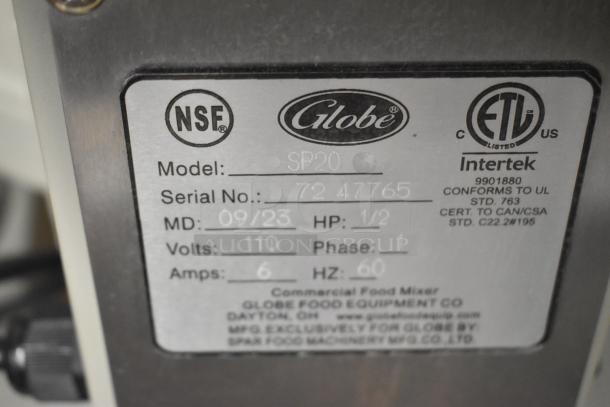 Label of Globe SP20 Planetary Dough Mixer, showing model, serial number 7247765, 110V, 1 phase, NSF, ETL certifications.