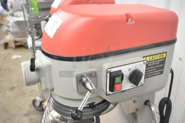Centaur MAC20 20 Quart Planetary Dough Mixer, new condition, red top, control panel, safety labels, 115V, 1 phase.