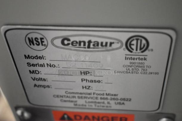 Label showing Centaur MAC20 model, serial number 52-11409, 115 volts, 1 phase. Conforms to UL and CSA standards.
