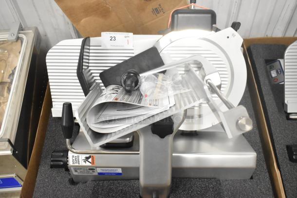 BRAND NEW Globe S13A-24 meat slicer, 13" stainless steel, manual, with blade sharpener, 110V, 1 phase, commercial use.