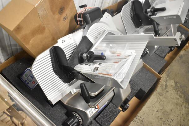 Globe S13A-24 stainless steel manual meat slicer, 13-inch blade, sharpener included, brand new, 110 volts, 1 phase.