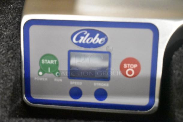 Globe S13A-24 control panel with green start and red stop buttons. Model features a digital display, emphasizing commercial use.