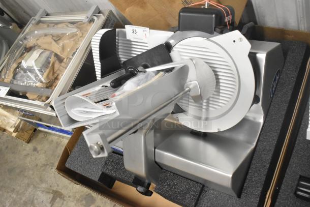 Brand new 2024 Globe S13A-24 stainless steel 13" meat slicer with blade sharpener. Manual, heavy-duty, 110V, 1 Phase.