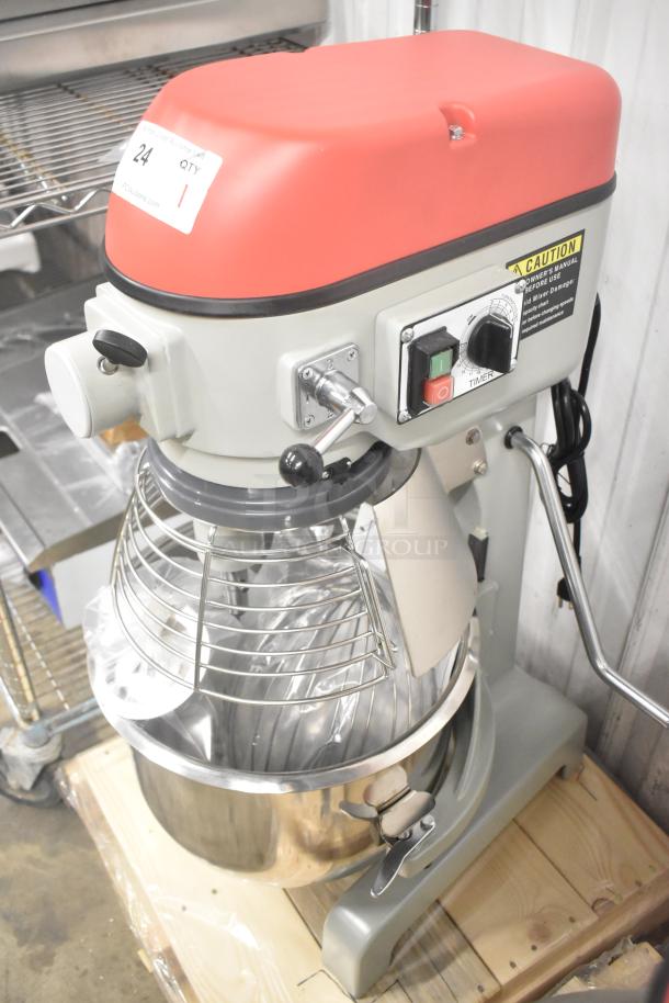 Brand new 2023 Centaur MAC20 20-quart planetary dough mixer with bowl guard, dough hook, and whisk. 115 volts, 1 phase.