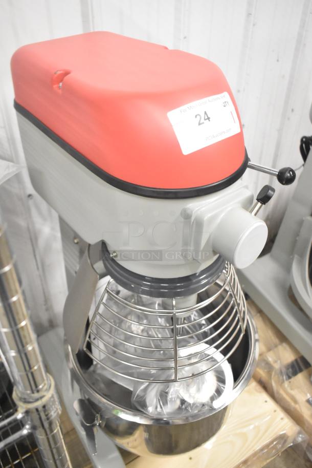 Brand new 2023 Centaur MAC20 planetary dough mixer with bowl guard, dough hook, whisk attachment, and 20-quart capacity.