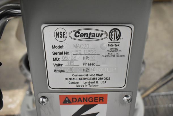 BRAND NEW Centaur MAC20 20 Quart Planetary Dough Mixer, 115V, with bowl guard, dough hook, and whisk.