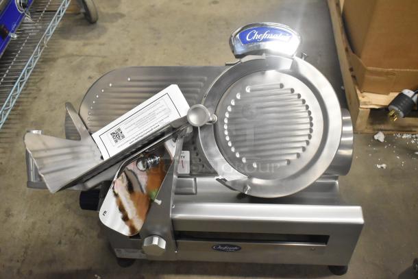 Brand new Globe GC512 stainless steel meat slicer with blade sharpener and Chefmate label, 110V, 1 Phase.