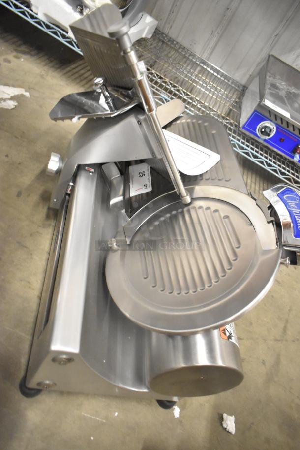 Brand new Globe GC512 stainless steel commercial manual meat slicer, includes blade sharpener. 110 volts, 1 phase.
