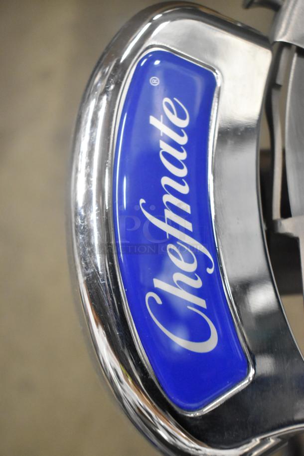 Stainless steel meat slicer detail with "Chefmate" label; Globe GC512 medium duty commercial model, brand new.
