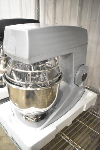 Brand new Varimixer V5A Teddy 5 Quart countertop dough mixer with mixing bowl, bowl guard, whisk, paddle, and dough hook.