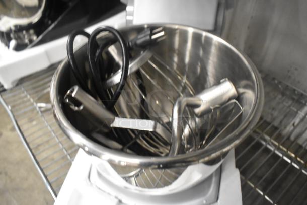 Brand new Varimixer V5A Teddy 5 Qt dough mixer with mixing bowl, bowl guard, whisk, paddle, and dough hook attachments.