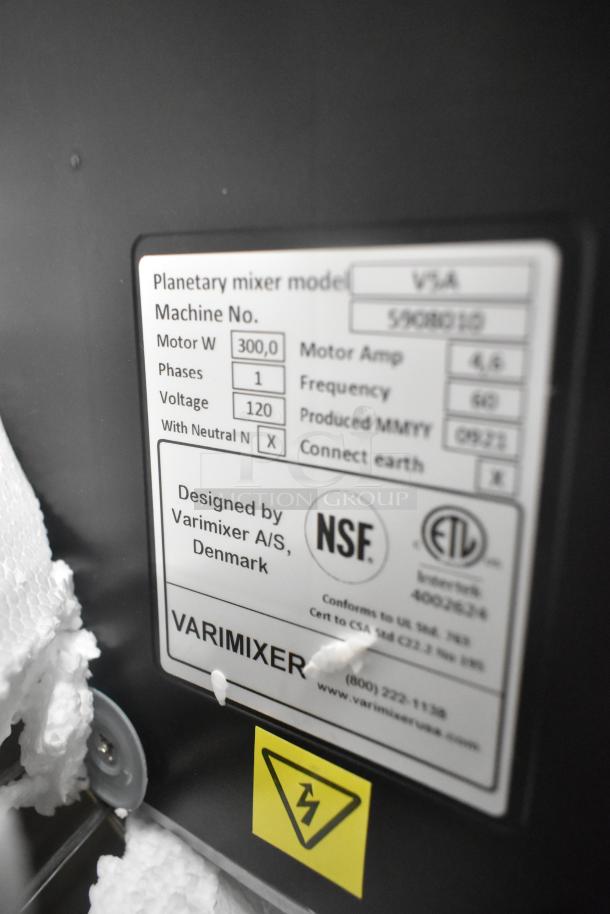 Brand new Varimixer V5A Teddy 5-quart mixer tag showing 120V, 1 phase, 300W. Includes NSF and ETL certifications.