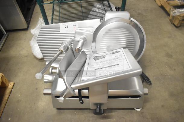 Brand new Globe stainless steel commercial meat slicer with manual operation and blade sharpener. 110V, 1 phase.