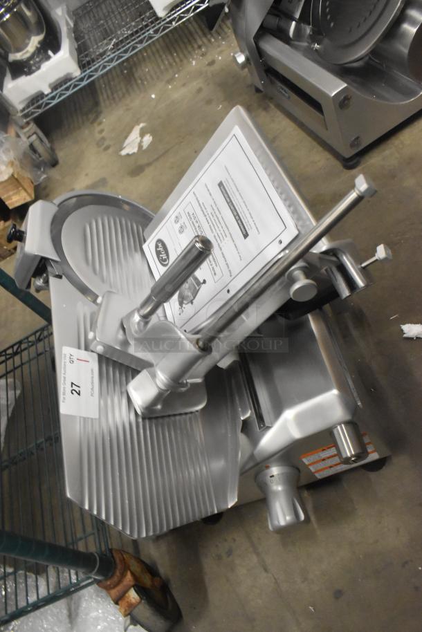 Brand new Globe stainless steel commercial countertop manual meat slicer with blade sharpener, 110 volts, 1 phase.