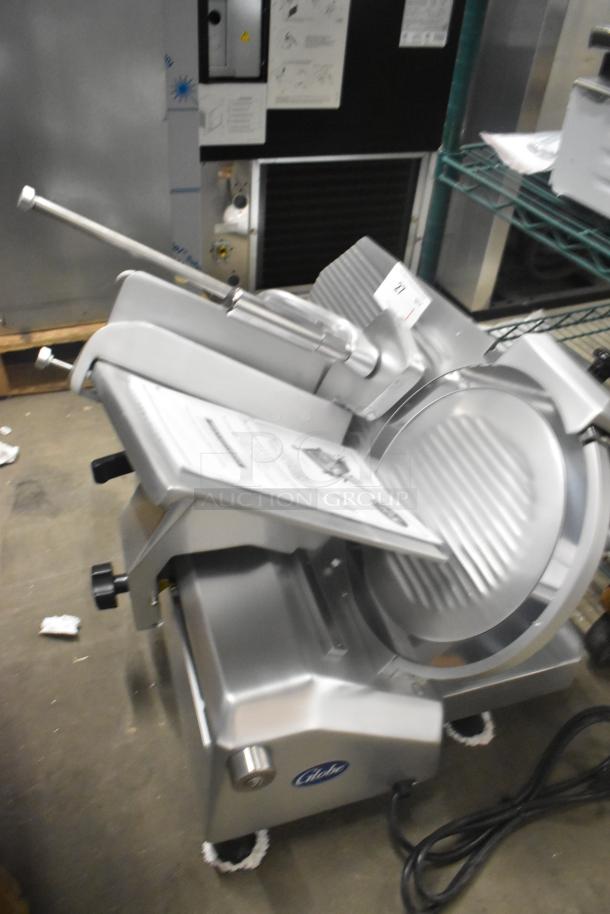 BRAND NEW Globe stainless steel commercial meat slicer with blade sharpener; countertop model, 110V, 1 Phase.