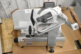 Brand new Globe SG13A stainless steel automatic meat slicer with 13" blade and built-in sharpener, 110V, 1 Phase.