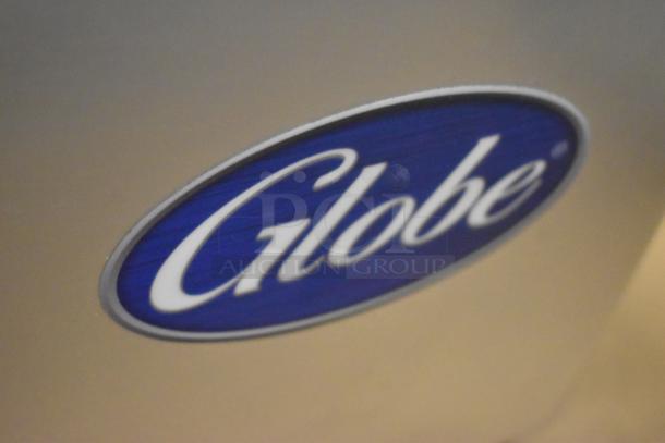 Globe SG13A logo on stainless steel meat slicer, brand new, featuring 13" blade, automatic, with blade sharpener. 110V.