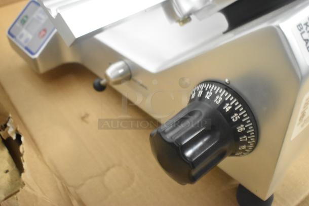 BRAND NEW 2025 Globe SG13A 13" stainless steel meat slicer, knob for thickness adjustment, features built-in blade sharpener.