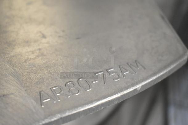 Brand new metal mixing bowl with "AR80-75AM" marking, 80-quart capacity, high-quality stainless steel.