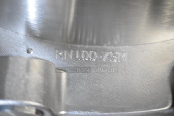 Brand new metal mixing bowl with "RN100-75M" marking, indicating 100 liter capacity. Mint condition.