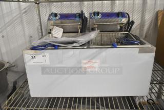 BRAND NEW! Globe PF32E Stainless Steel Commercial Countertop Electric Powered 2 Bay Fryer w/ 2 Metal Fry Baskets. 208/240 Volts, 1 Phase. - Item #1225051