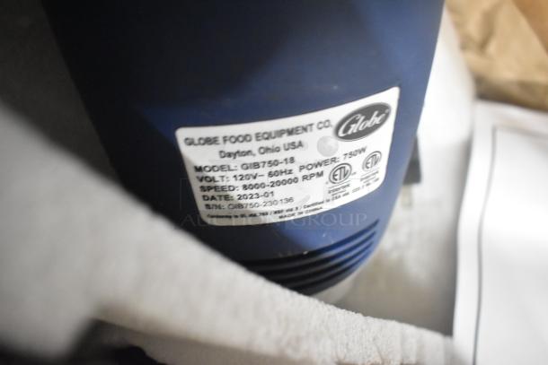 Brand new 2023 Globe GIB750-18 Commercial 18" Immersion Blender, 120V, 750W, with model and specs label visible.