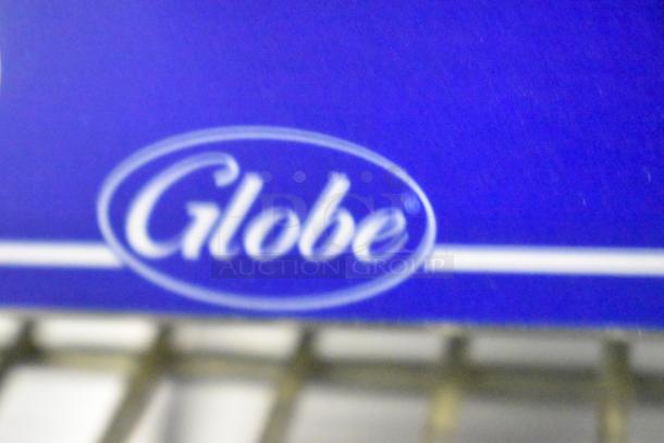 Brand new Globe GPG1410 stainless steel commercial countertop panini press, 120V, 1 phase, blue packaging with logo.