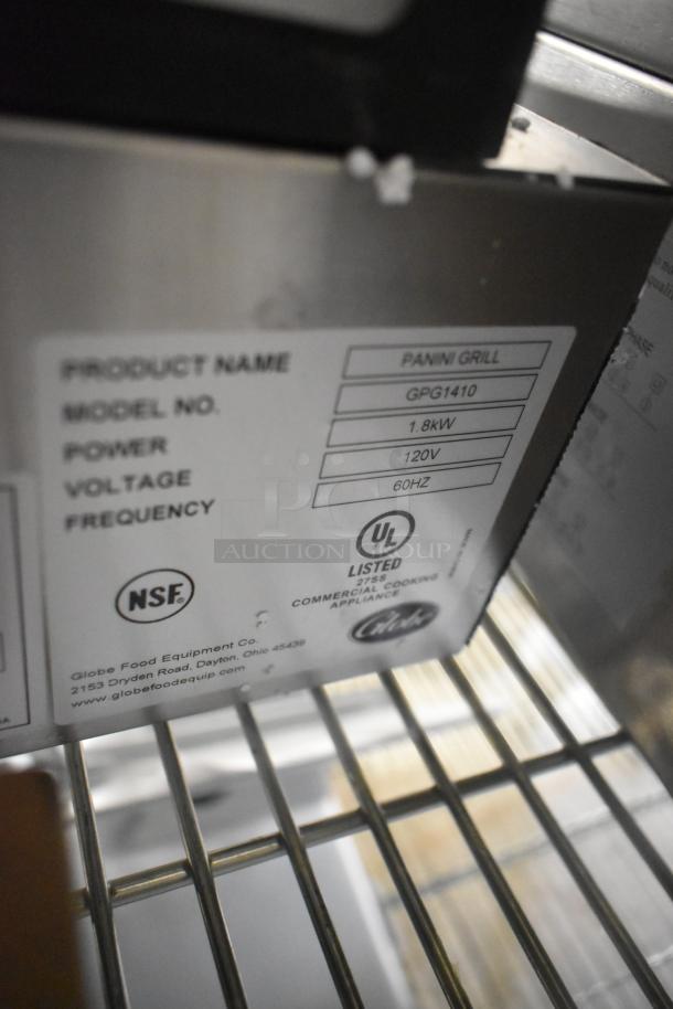Brand new Globe GPG1410 stainless steel panini press, 120V, 1 Phase, with NSF and UL certifications.