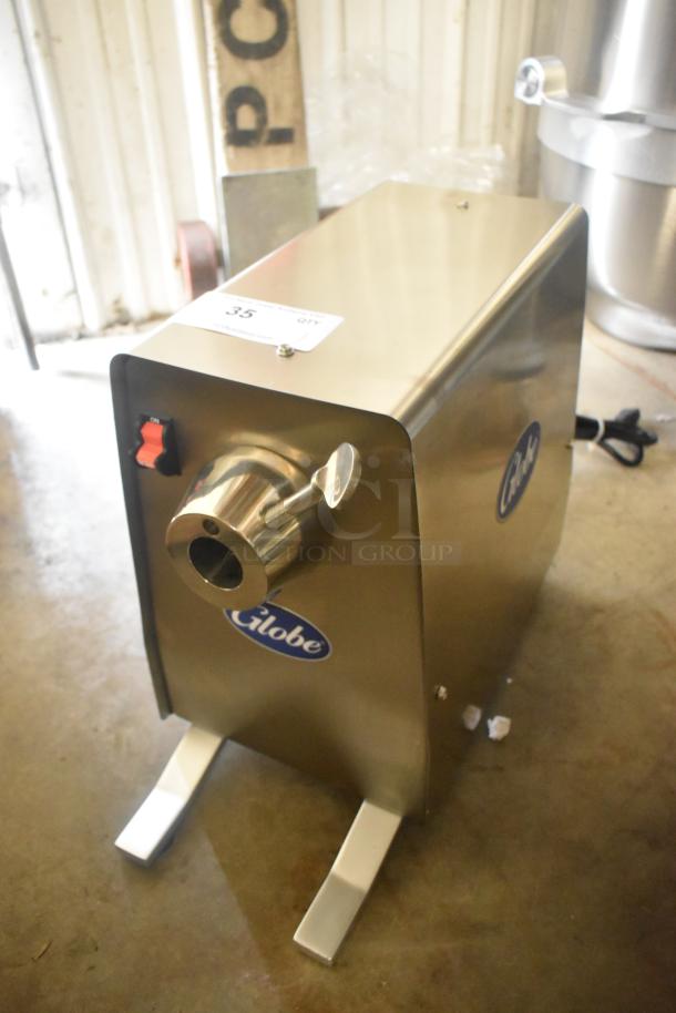 Brand new 2023 Globe GPD-H stainless steel commercial countertop power drive unit with #12 hub, 120V, 1 phase.