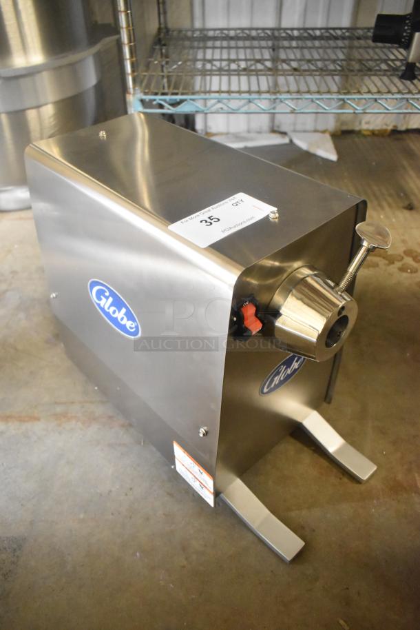 Brand new 2023 Globe GPD-H stainless steel commercial power drive unit, #12 hub, 120V, 1 phase, with labels visible.