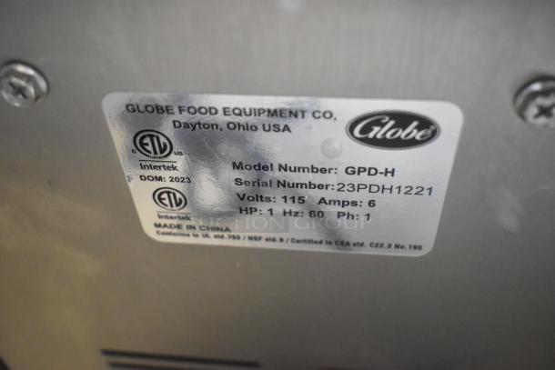 BRAND NEW 2023 Globe GPD-H Stainless Steel Power Drive Unit, #12 Hub, 120V, 1 Phase; ETL listed label shown.