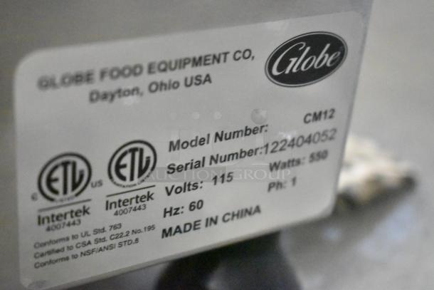 BRAND NEW 2024 Globe CM12 Meat Chopper; stainless steel, #12 head, 250 lbs/hr, 120V, 1 phase. Label shows model, serial, volts.