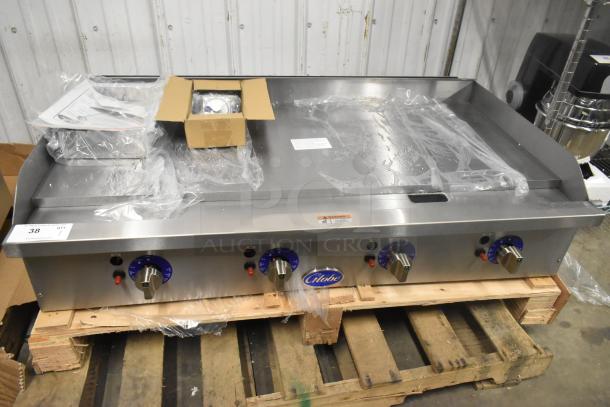 BRAND NEW 2024 Globe GG48TG 48" Stainless Steel Gas Griddle, thermostatic controls, 120,000 BTU, on palette.