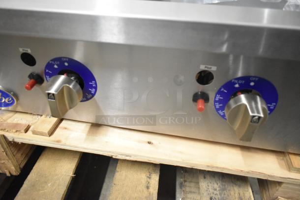 BRAND NEW 2024 Globe GG48TG stainless steel 48" countertop griddle with thermostatic controls, 120,000 BTU, visible dials.