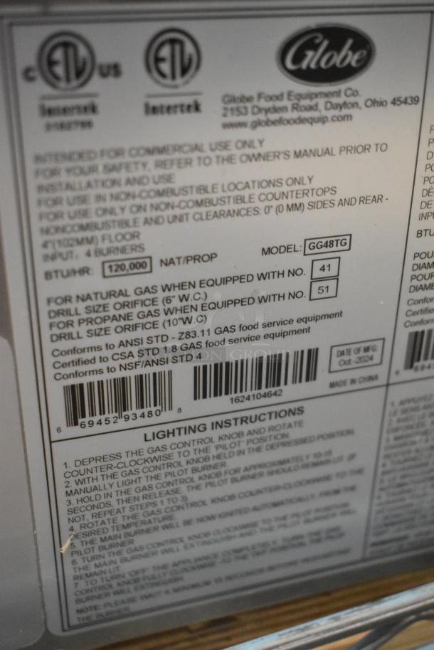 2024 Globe GG48TG stainless steel griddle, 48", 120,000 BTU, thermostatic controls, new condition. Model GG48TG, commercial use.