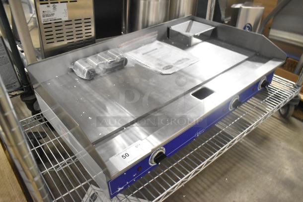 Brand new Globe GEG36 stainless steel countertop electric griddle, flat top, 208/240V, 1 phase, with visible controls.