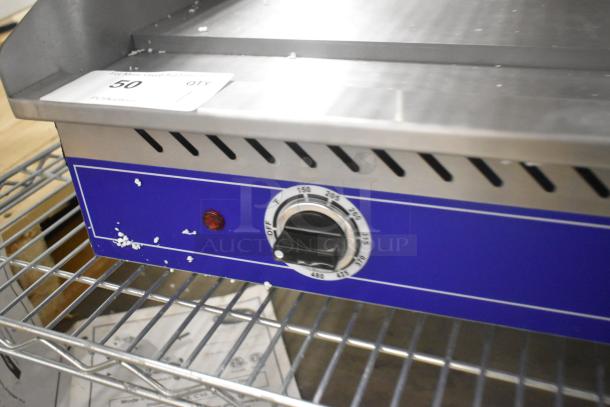 Brand new Globe GEG36 stainless steel electric griddle, 208/240V, 1 phase, features temperature dial and stainless finish.