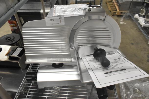 Brand new Globe C12 stainless steel commercial meat slicer with blade sharpener, 115V, 1 phase, includes user manual.