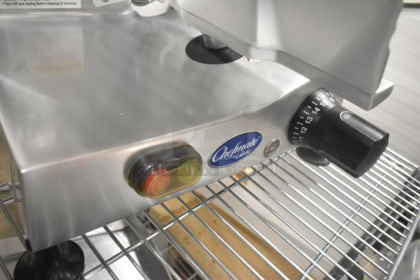 BRAND NEW Globe C12 stainless steel meat slicer with blade sharpener, Chefmate by Globe label, 115V, 1 Phase.